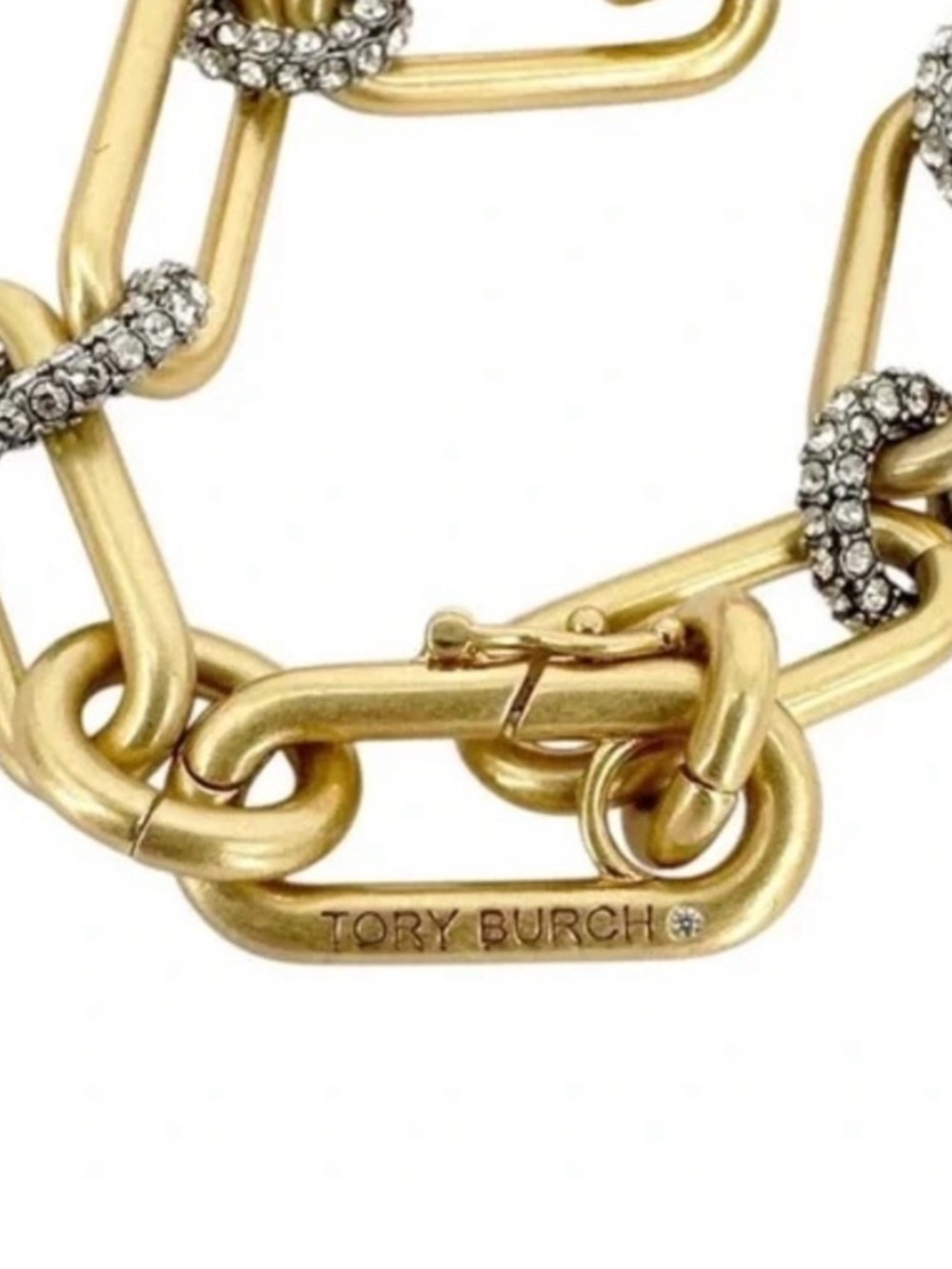 Tory Burch Roxanne Chain Crystal Logo Choker Necklace Gold- safety clasp defect - Picture 6 of 9